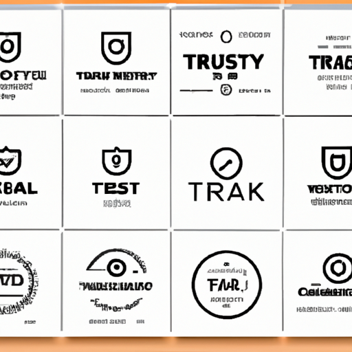 Trust badges and security seals collection arranged in a grid, showing SSL, Norton, McAfee, and TrustE icons for a landing page footer. Style: Minimalist, Theme: Corporate